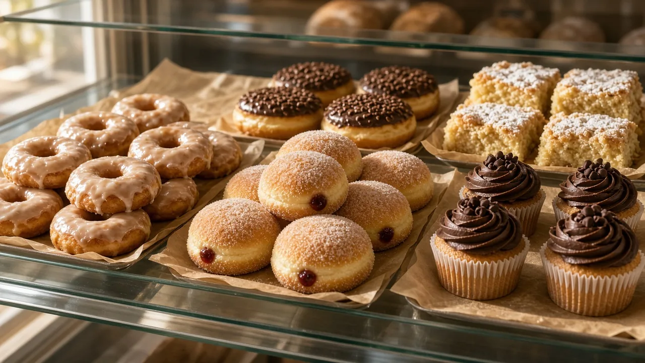 Glazed, sugar, jelly and chocolate donuts with crumb cake and chocolate cupcakes on parchment in a glass bakery case